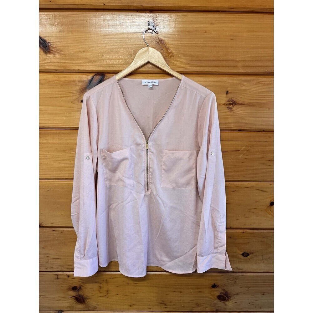 Womens Calvin Klein Blouse V-neck With Zipper Long Sleeve Size Large